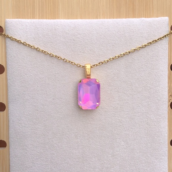 Pink-Purple Opal Aurora Borealis + Gold Emerald Cut Crystal Pendant Necklace - Picture 10 of 14
